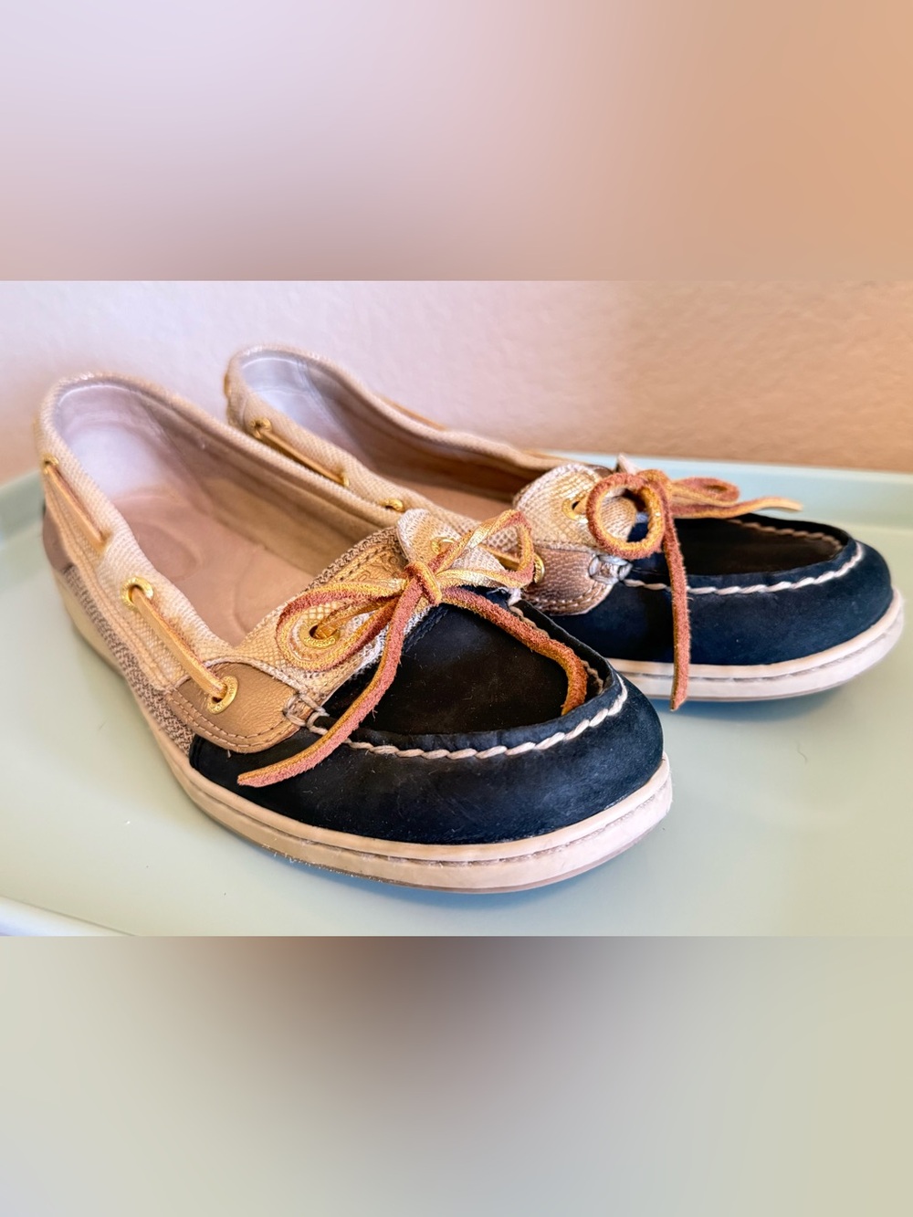 Sperry Topsider Women's Two-Tone Boat Shoes in Black, Gold and Tan